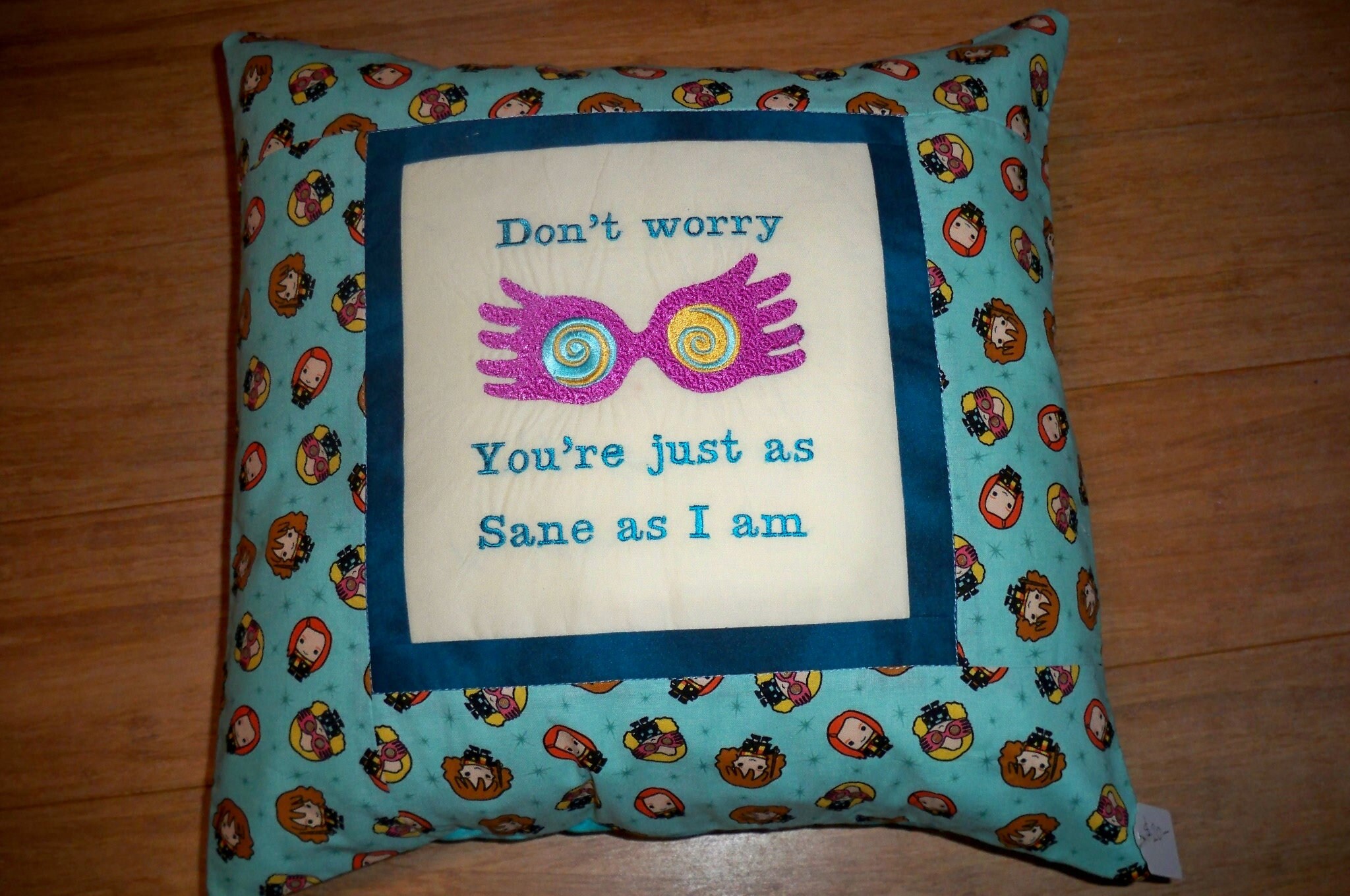 Pillow Cover For Travel Size 16" x 16" Pillow. Machine Embroidered. HP's Luna Lovegood Glasses, Girls of Harry Potter Inspired