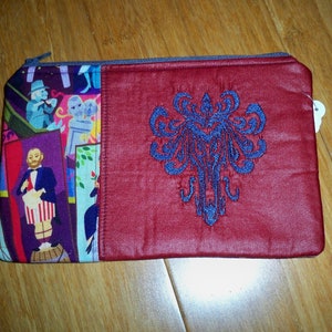 Handmade Color Block Flat Pouch, Padded, 9&quot; x 6&quot;, Zipper, Disney&#39;s Haunted Mansion Fabric with Machine Embroidered Wallpaper Design