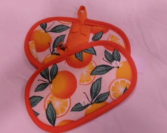 Fingertip Oven Mitts, Potholders, Pot Pinchers, Insulated with Insul-Brite, Oranges, Slices, Fruit