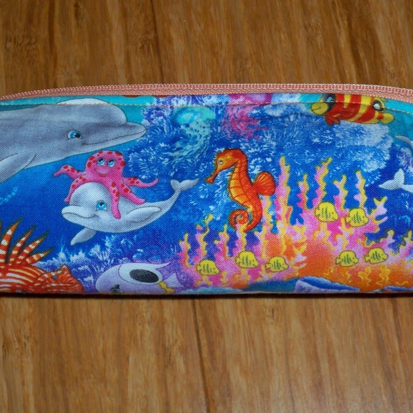 Pencil or Pens Pouch, Padded, 9" long, Under the Sea Life, Dolphin, Fish, Whales