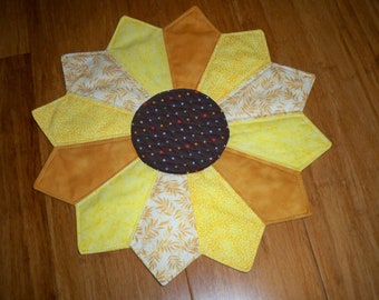 14&quot; Sunflower Candle Mat, Quilted, Scrappy, Yellows and Brown, Unique