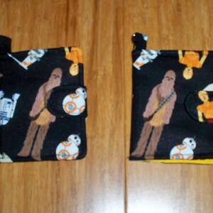 Mini Wallet for Small Purses or hang on Key Chain, 4 1/4" x 3 1/4" Closed, Card Pockets, Coin Zip, Star Wars Chewy, R2D2, C3P0, Black