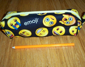 Pencil or Pens Pouch, Yellow Emoji's on Black, Padded, 9" long