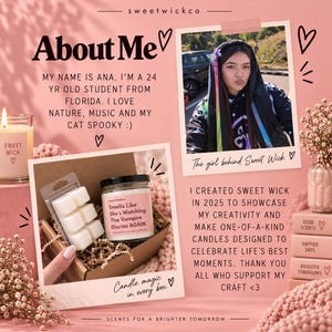 Puede incluir: Un gr&aacute;fico promocional de Sweet Wick con una foto de una persona, una caja que contiene una cera arom&aacute;tica blanca y una vela con la etiqueta 'Smells Like She's Watching The Vampire Diaries AGAIN', texto sobre el creador y flores rosas.