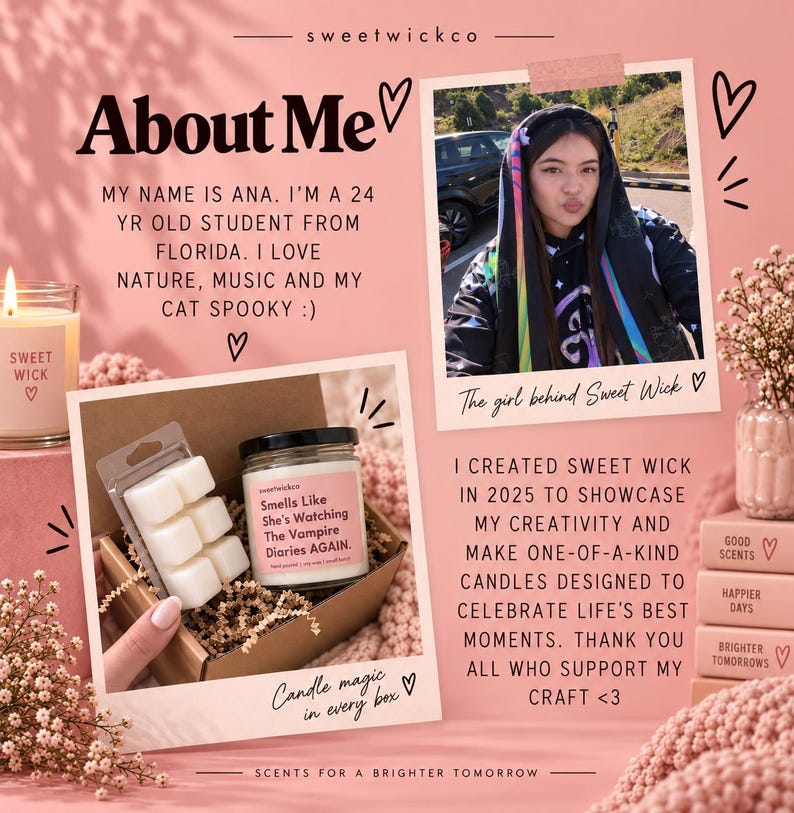 Puede incluir: Un gr&aacute;fico promocional de Sweet Wick con una foto de una persona, una caja que contiene una cera arom&aacute;tica blanca y una vela con la etiqueta 'Smells Like She's Watching The Vampire Diaries AGAIN', texto sobre el creador y flores rosas.