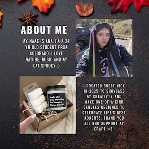 May include: A collage featuring a person wearing a dark hooded sweatshirt, a brown cardboard gift box containing a white wax melt bar and a glass candle jar with a black label reading Smells Like She's Watching The Vampire Diaries AGAIN.