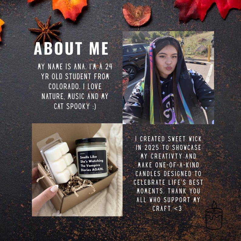 May include: A collage featuring a person wearing a dark hooded sweatshirt, a brown cardboard gift box containing a white wax melt bar and a glass candle jar with a black label reading Smells Like She's Watching The Vampire Diaries AGAIN.