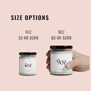 May include: Two glass jar candles with black lids and white labels. The labels read "4oz" and "9oz" with "SWEETWICK" below. The text "SIZE OPTIONS" and "30-HR BURN" and "60-HR BURN" are also visible.