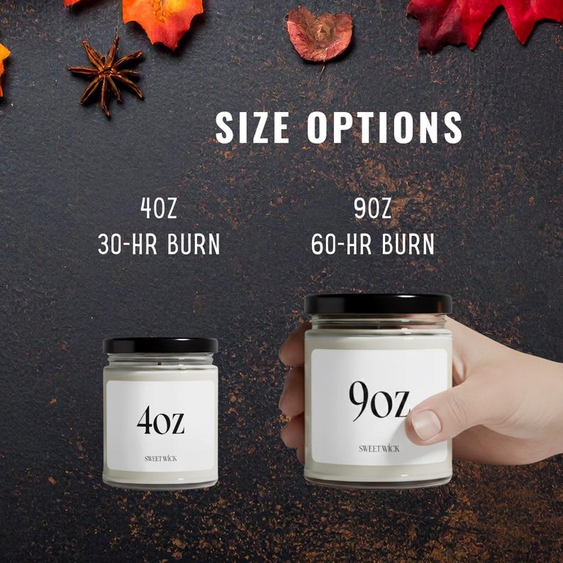 May include: Two glass candle jars with black lids and white labels. One jar is labelled 4oz with a 30-hour burn time, and the other is labelled 9oz with a 60-hour burn time. The text SweetWick is printed on both labels. The image displays size options.