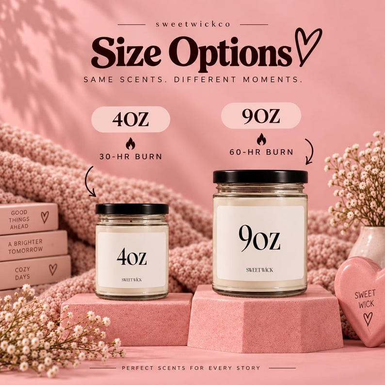 Puede incluir: Dos velas de vidrio con tapas negras y etiquetas blancas, una marcada 4oz con 30 horas de combusti&oacute;n y otra 9oz con 60 horas. El texto dice Size Options, Same Scents. Different Moments. y Sweet Wick. El fondo es de color rosa.