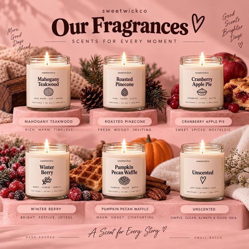 Puede incluir: Seis velas en frasco de vidrio etiquetadas sweetwickco con los aromas Mahogany Teakwood, Roasted Pinecone, Cranberry Apple Pie, Winter Berry, Pumpkin Pecan Waffle y Unscented. El texto dice Our Fragrances, Scents for Every Moment y A Scent for Every Story.