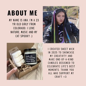 May include: A promotional image featuring a young woman and a candle product. The text reads "Smells Like She's Watching The Vampire Diaries AGAIN." The image also includes wax melts and text about the creator and their brand.