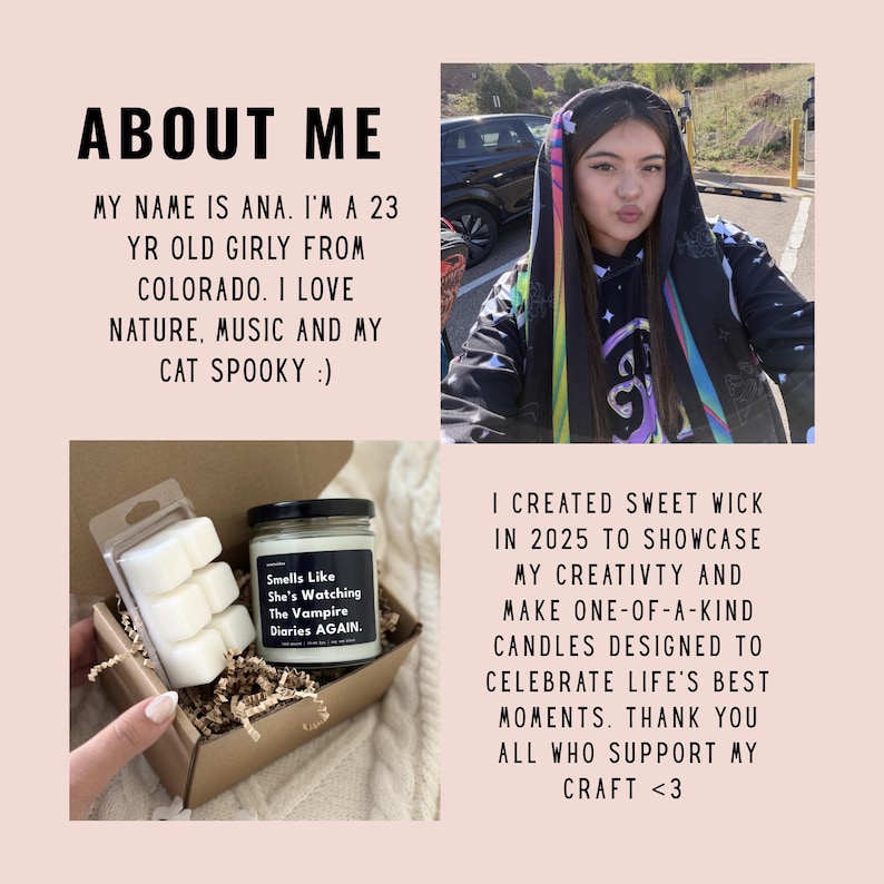 May include: A promotional image featuring a young woman and a candle product. The text reads "Smells Like She's Watching The Vampire Diaries AGAIN." The image also includes wax melts and text about the creator and their brand.