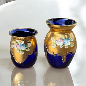 Vintage Bohemian Czech Colbalt blue Gilded Glass Vase with hand painted Pastel Ovelay Flowers-MCM Retro decorative art glass.