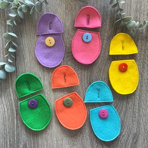 Op de afbeelding: Zes viltvormen met knopen in verschillende kleuren. Elke vorm is in twee&euml;n gesplitst, met een helft met een knoop en de andere helft met een gleuf voor de knoop. De kleuren zijn paars, roze, geel, groen, oranje en blauw.