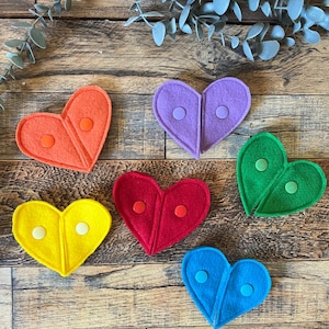 May include: Six felt heart-shaped pieces with different colors and button closures. The colors are orange, purple, green, yellow, red, and blue.