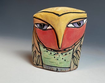 Owl art, figurine, ceramic owl sculpture, whimsical, colorful owl, "Owl Person Dreaming Love"