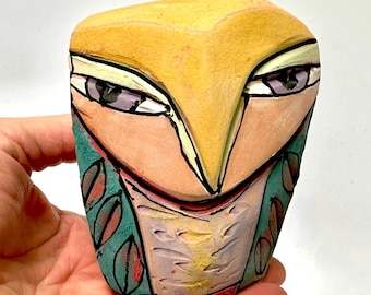 Whimsical Ceramic Owl Sculpture: Colorful Handmade Owl Art (4-1/8 inches)