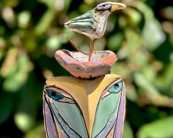 Owl art handmade from clay, colorful owl figurine, "Owl Person and the Dancing Beauty Bird.Love is All"