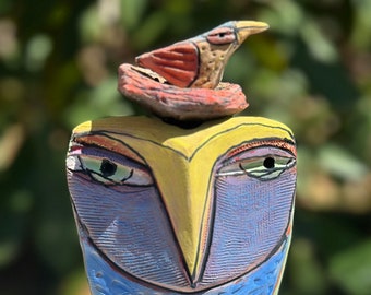 Owl art handmade from clay, colorful owl figurine, "Owl Person and the Nesting Red Bird Dreaming Love"