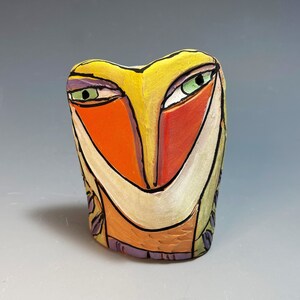 Owl art, ceramic owl sculpture, whimsical, colorful owl figurine, "Owl Person At One with the Trees"
