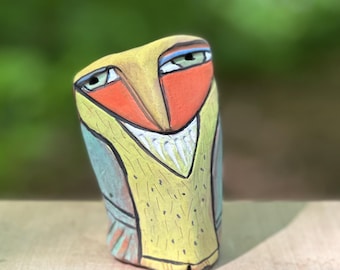 Whimsical Ceramic Owl Sculpture: Colorful Handmade Owl Art . 4 inches tall