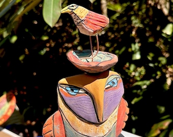 Owl art, ceramic owl sculpture, whimsical, colorful owl figurine, "Owl Person and the Nesting Beauty Bird Centered in LOVE"