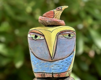 Owl art handmade from clay with unique, colorful glazes makes a heartfelt gift, "Owl Person and the Nesting Red Bird Dreaming Love", 7" tall