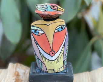 Owl art, clay owl, whimsical, colorful owl figurine, "Owl Person Singing to the Beauty Bird in the Sunlight".