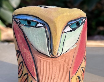 Owl art, ceramic owl, whimsical, colorful owl figurine, "Owl Person at One with the Fire”