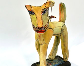 Handmade Clay Cat Sculpture, Colorful Ceramic Art, "Brooklyn Cat"