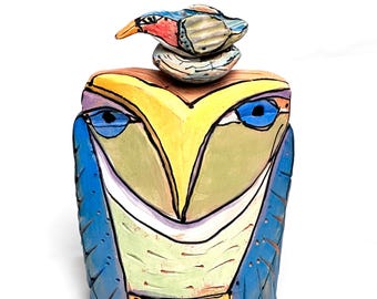 Handmade Ceramic Owl Sculpture with Bird: Colorful Glazed Figurine, 7 inches