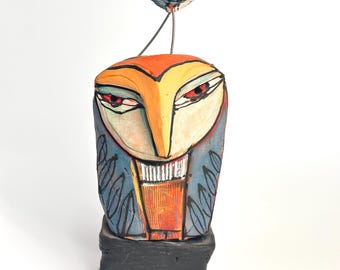 Handmade Clay Owl Sculpture, Colorful Glazed Ceramic Figurine