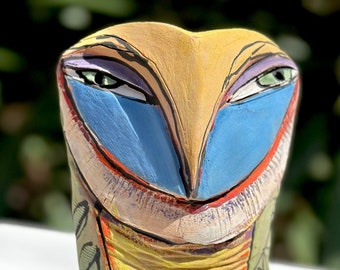 Owl art, ceramic owl sculpture, colorful owl figurine, "Owl Person Standing in the Morning Light"