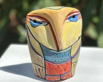 Owl art, ceramic owl sculpture, colorful owl figurine, "Owl Person Standing in the Morning Light", SIZE 4.25 inches tall