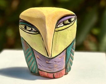 Owl art, ceramic owl sculpture, colorful owl figurine, "Owl Person Standing in the Morning Light", Height 3.75 inches