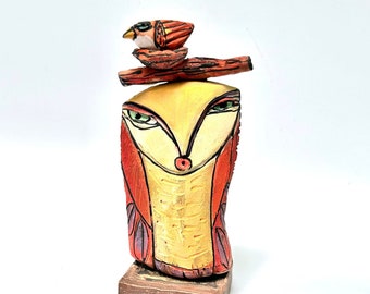 Whimsical Ceramic Owl Figurine: Colorful Handmade Owl Art (7 3/8 inches)
