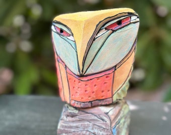 Owl art, figurine, ceramic owl sculpture, whimsical, colorful owl,  "Owl Person Practicing the Power of Self Acceptance"