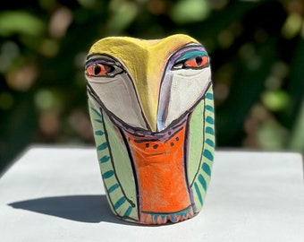 Owl art, ceramic owl sculpture, Mothers Day, colorful owl figurine, "Owl Person. Spring Sunlight", Height 3-3/4 inches