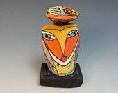 Owl art, clay owl, whimsical, colorful owl figurine, "Owl Person Singing to the Beauty Bird in the Sunlight".