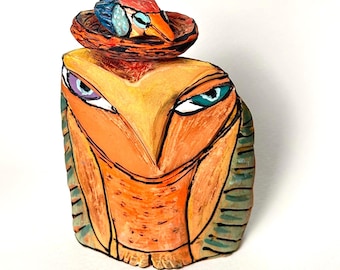 Owl artwork handmade from clay, colorful glazes inspired by nature makes a heartfelt gift. "Owl Person Singing"..5.25" tall.