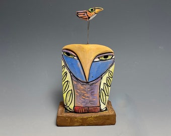 Owl art handmade from clay, colorful owl figurine, "Owl Person and the Dancing Beauty Bird at One", SIZE 7-1/2 inches tall