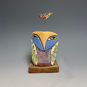 Owl art handmade from clay, colorful owl figurine, "Owl Person and the Dancing Beauty Bird at One"