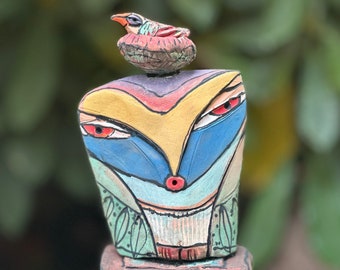 Owl art, ceramic owl sculpture, whimsical, colorful owl figurine, "Owl Person Singing to the Nesting Beauty Bird Dreaming Love".