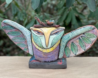 Owl art sculpture, center piece for living room mantle, table, peaceful mood uplifting meditation clay artwork made by hand, heart and soul.