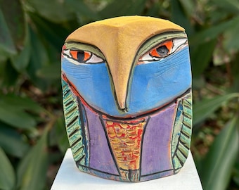 Owl art, ceramic owl sculpture, colorful owl figurine, "Owl Person. The Blue Sky is Singing", Height: 3-7/8 inches