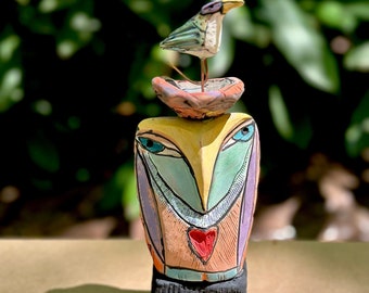 Owl person art handmade from clay with colorful glazes makes a heartfelt gift. "Owl Person and the Dancing Beauty Bird.Love is All", 8" tall