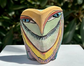 Owl art, ceramic owl sculpture, colorful owl figurine, "Owl Person Remembering the Greening".