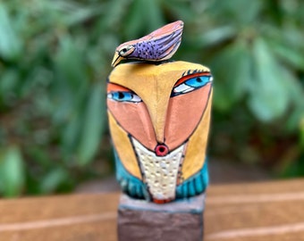 Owl art handmade colorful sculpture, peaceful mood uplifting meditation artwork, "Owl Person Singing to the Beauty Bird"