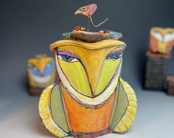 Owl art, ceramic owl, whimsical, colorful, Mothers Day, "Owl Person and the Beauty Birds Living the Dream"